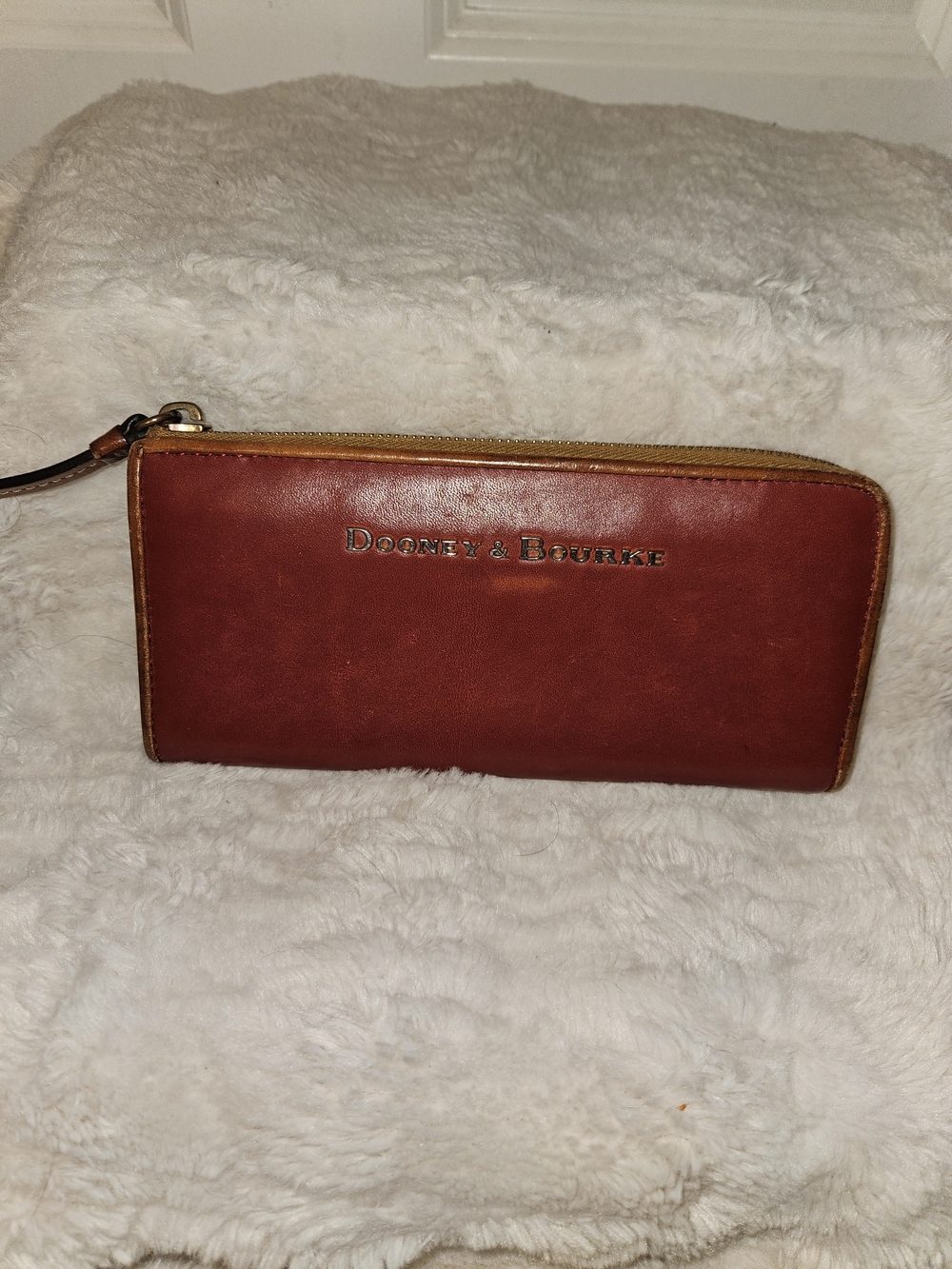 Dooney & Bourke Burgundy Leather Zip Wristlet with Tan Trim